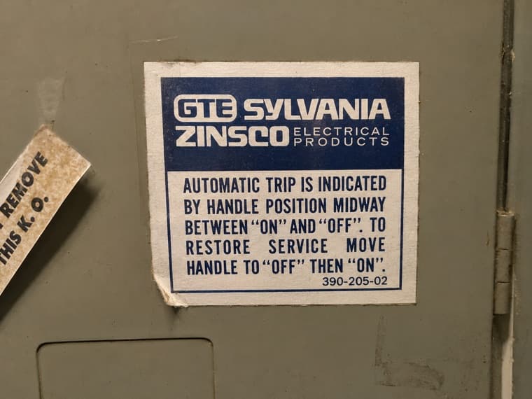 GTE-Sylvania Zinsco electrical products label