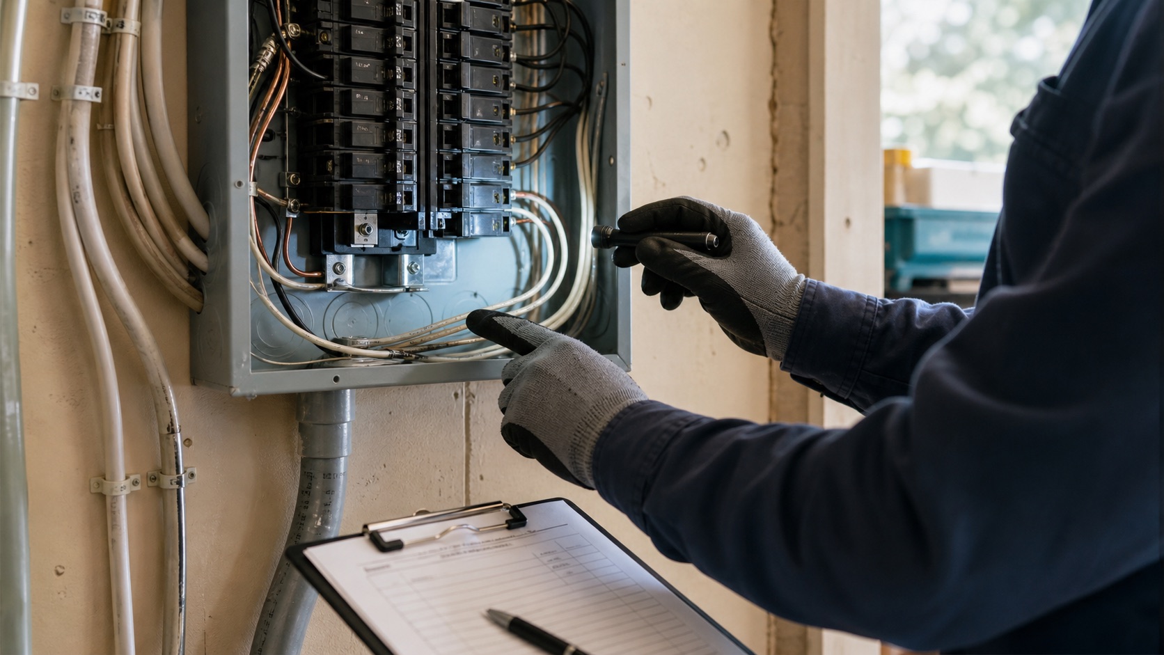 A licensed electrician documenting aluminum branch wiring at an open residential electrical panel