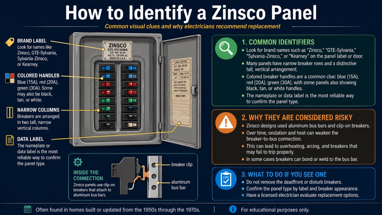 How to identify a Zinsco panel: look for brand labels (Zinsco, GTE-Sylvania, Sylvania-Zinsco, Kearney), colored breaker handles (blue 15A, red 20A, green 30A), narrow vertical breaker columns, and the data label; clip-on breakers attach to aluminum bus bars that can oxidize and overheat